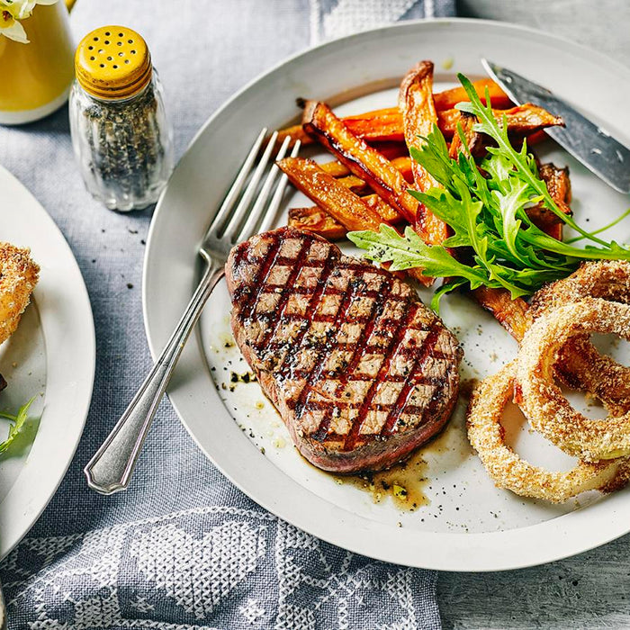 Valentines Halal Steak, sweet potato fries and baked onion rings