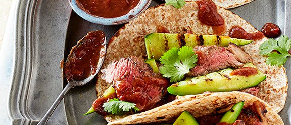 Spicy halal steak rotis with tamarind and griddled cucumber