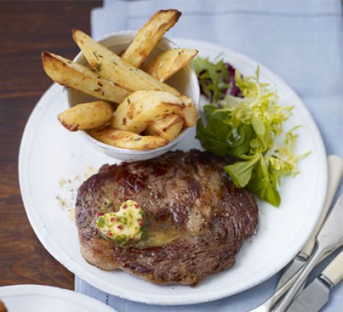 Halal Rib-eye steaks with chilli butter & homemade chips