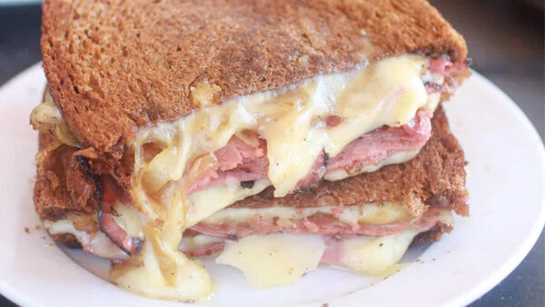 Halal Beef Pastrami and caramelised onion grilled cheese
