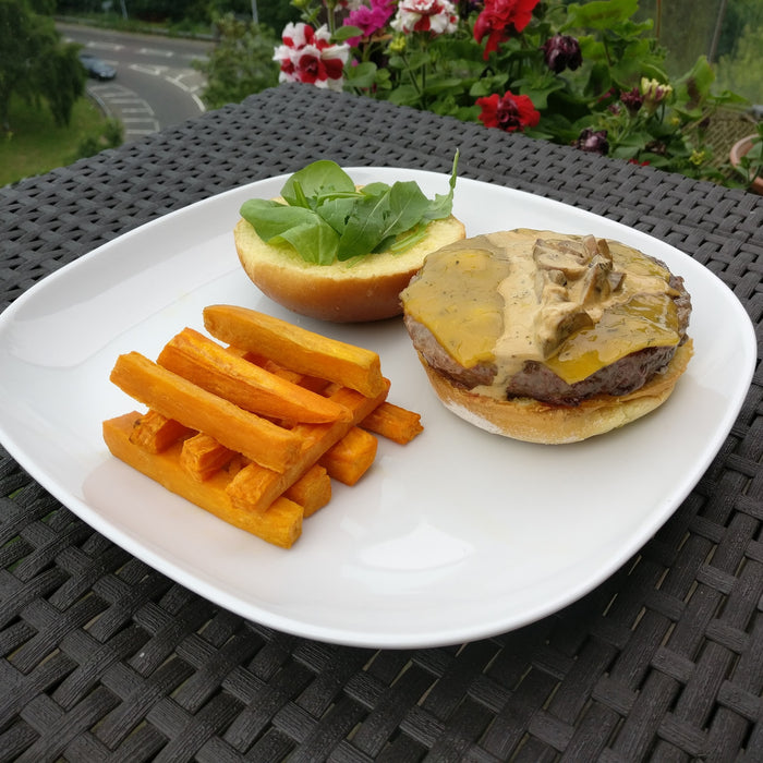 Halal Burger with Mushroom Sauce